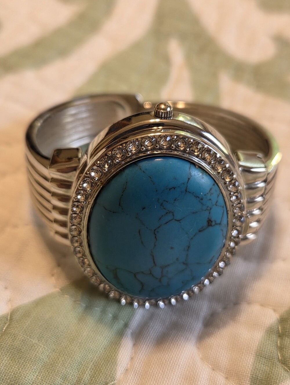 VIVANI Silver Bracelet WATCH Cuff with Turquoise Stone with Crystal halo